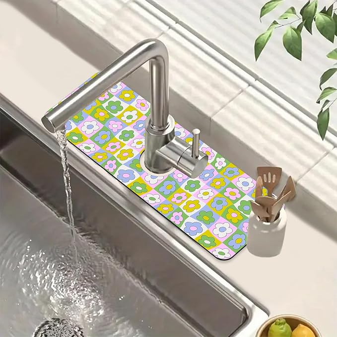 Cute Flowers Kitchen Sink Splash Guard Faucet Mat Retro Floral Super Absorbent