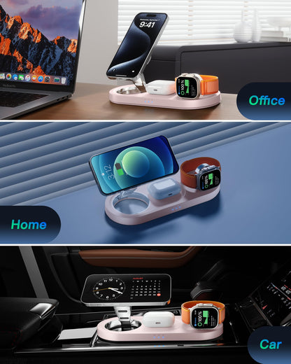 Upgraded 3 in 1 Wireless Charging Station for Apple Devices, Faster Mag-Safe Charger Stand, Magnetic Charger Station for iPhone 17/16/15/14/13/12 Series & AirPods Pro & Apple Watch Series （Pink）