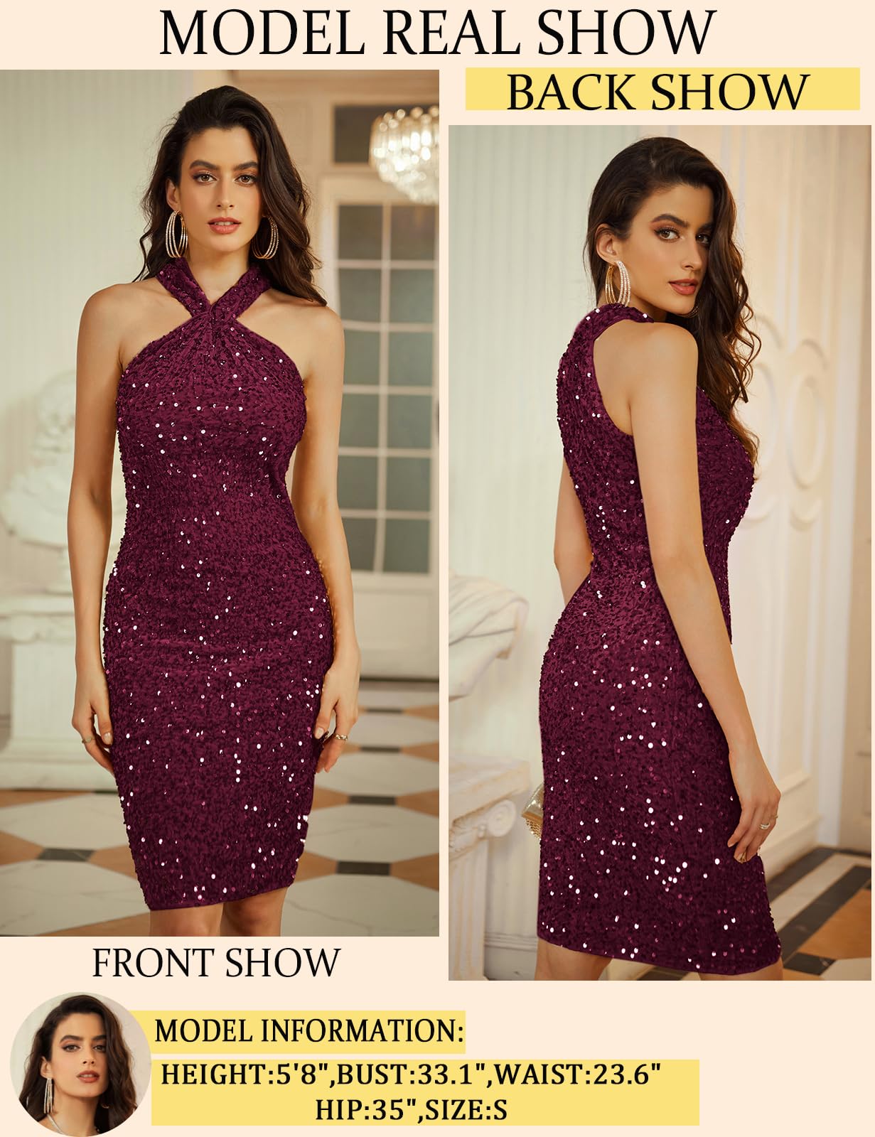 GRACE KARIN Sequin Dress for Women Evening Party Club Prom Dress Dark Red for Christmas Velvet Sequin S