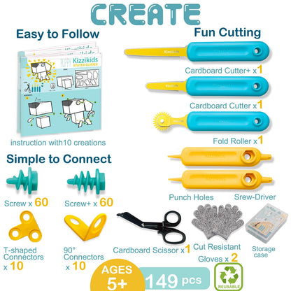 Kizzikids Cardboard Tools for Kids with Cutter &Tool Box, 149 PCS Cardboard Construction Kit for Family & Team Activities, Creative STEM Educational Toys Gift for Boys and Girls Aged 5+