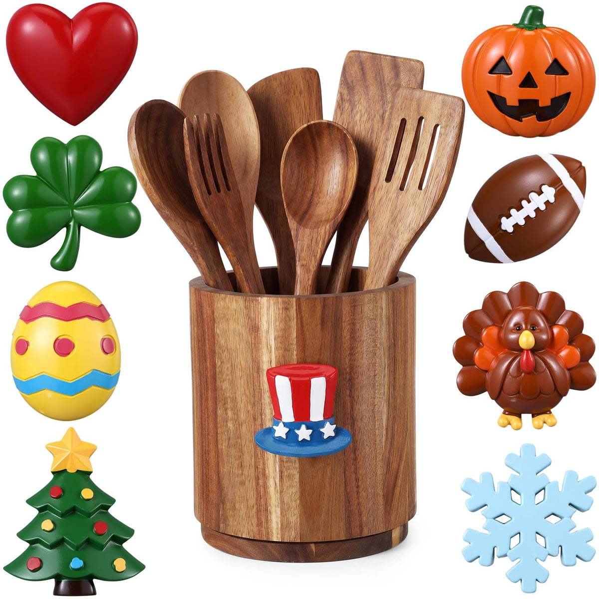 Roowest Seasonal Kitchen Decoration Interchangeable Acacia Wood Utensil Holder for Kitchen Counter 360° Rotating 6.7" Wooden Cooking Utensil Crock with Magnetic Ornament for Countertop Farmhouse