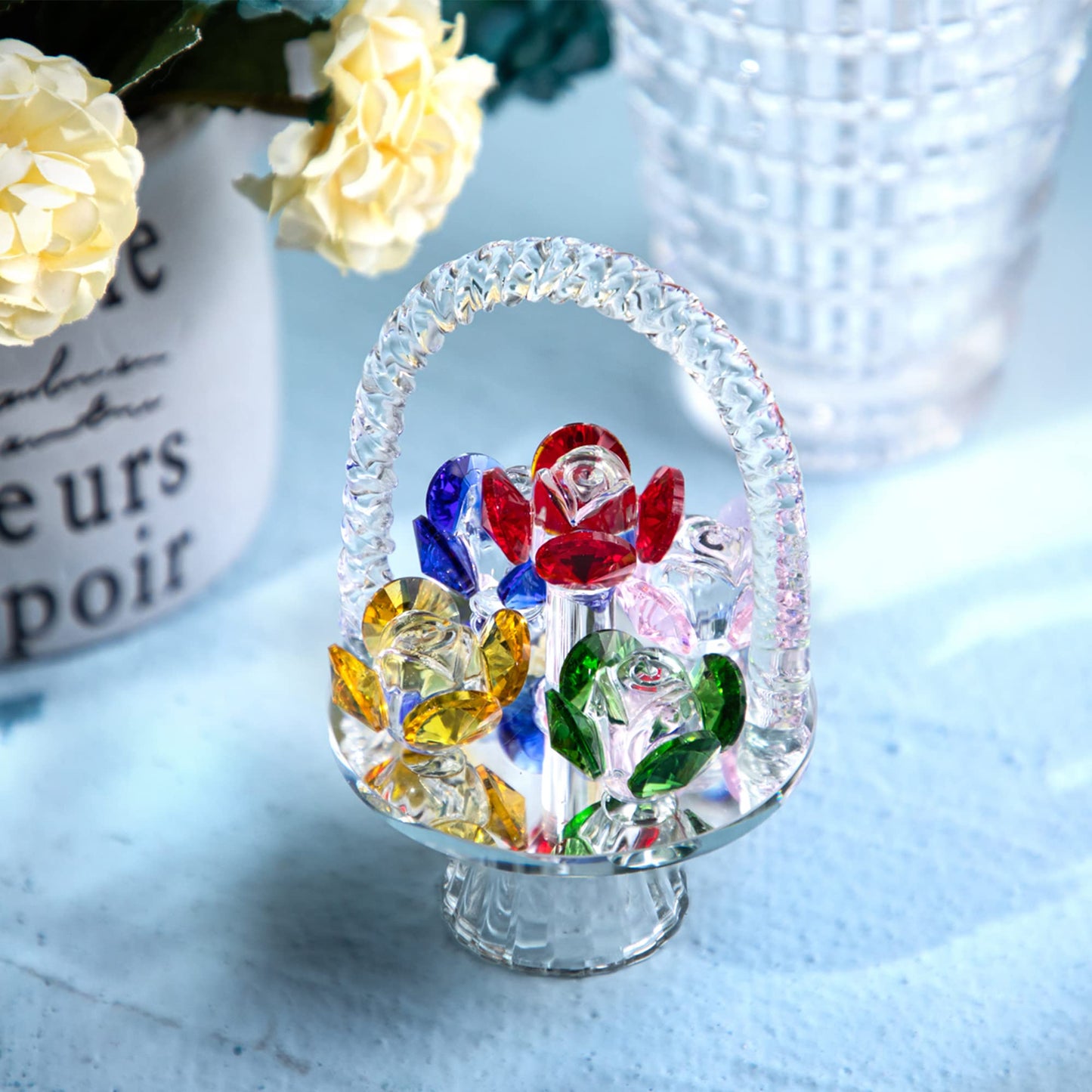 H&D HYALINE & DORA Colorful Crystal Flower Basket Figurine Ornament, Glass Flower with Rotating Base for Home Dress Table Centerpiece Christmas Lady Gift