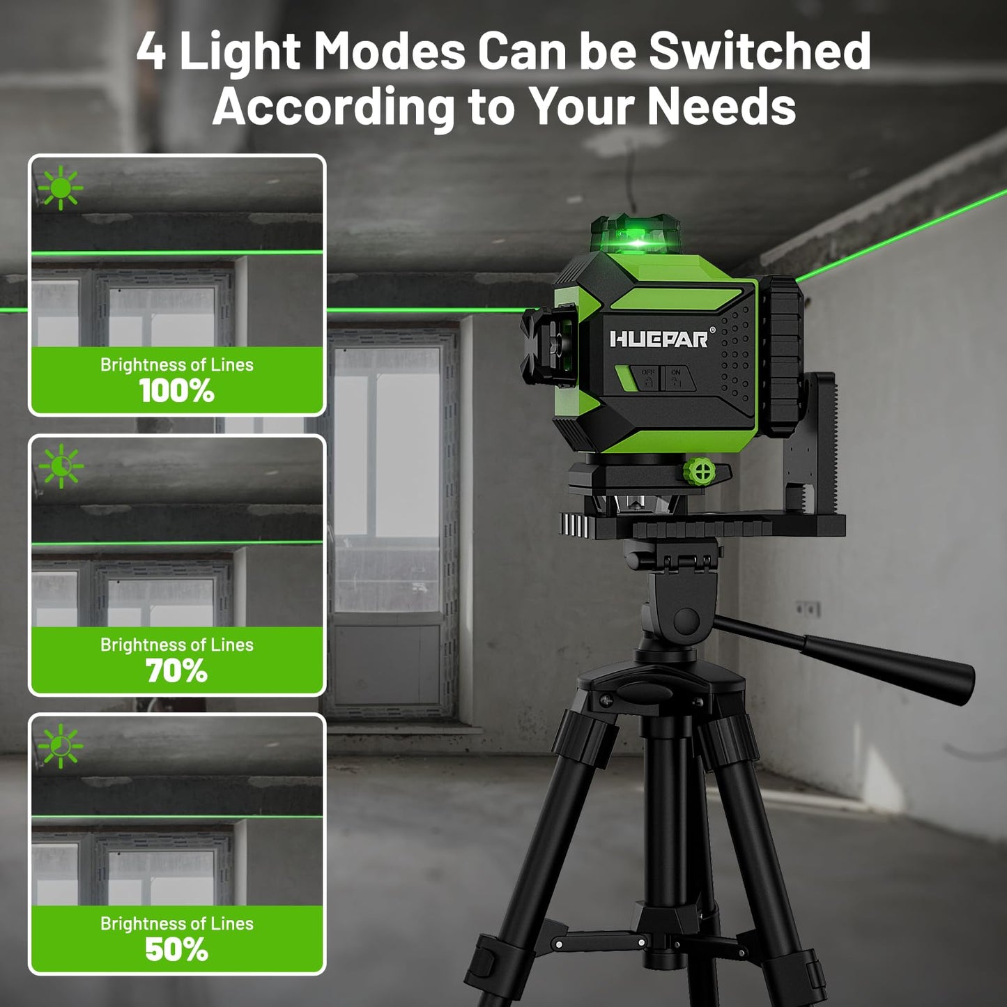 Huepar 360 Laser Level Self-Leveling Cross Line Laser Level 4D Green Beam 197Ft. Laser Tool 67.72" Lightweight Extendable Tripod, Li-ion Battery, Magnetic Base, Hard Carry Case-704CG&T16A