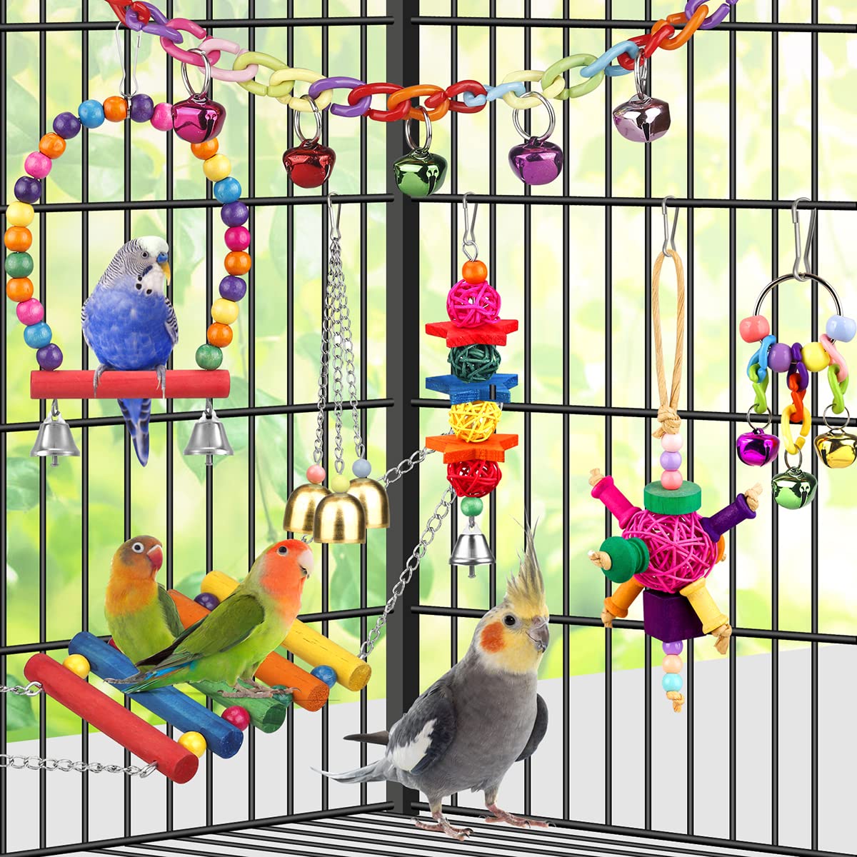 Bird Toys for Conures with Colorful Ladder Hammock Cage Accerious Bird Perch Stand Chewing Toys Hanging Bell Parrot Parakeet Cockatiel Lovebirds