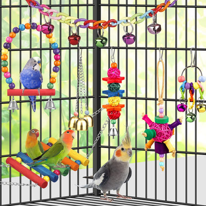 Bird Toys for Conures with Colorful Ladder Hammock Cage Accerious Bird Perch Stand Chewing Toys Hanging Bell Parrot Parakeet Cockatiel Lovebirds