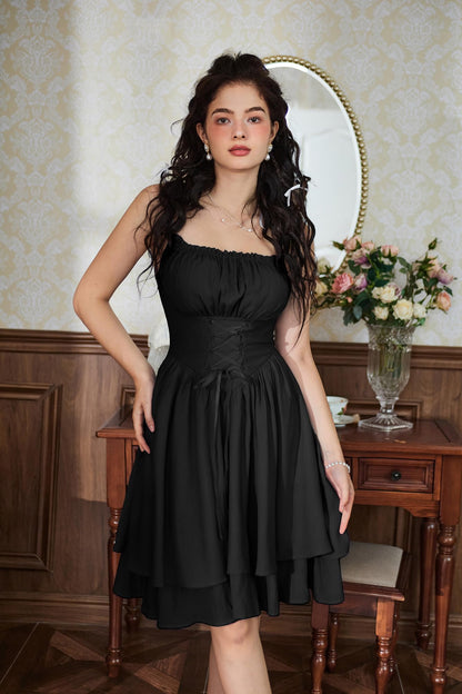 Renaissance Dress Corset Sundress for Women Lace Up Summer Cami Dress Black M