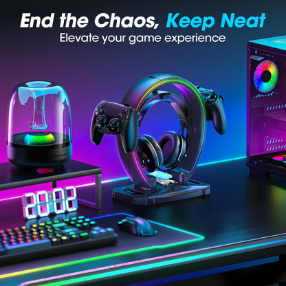 KDD RGB Headphone & Controller Stand with 9 Light Modes - Foldable Controller Hanger for Desk - Earphone Stand with Cable Organizer - for Gamers Desktop Accessories
