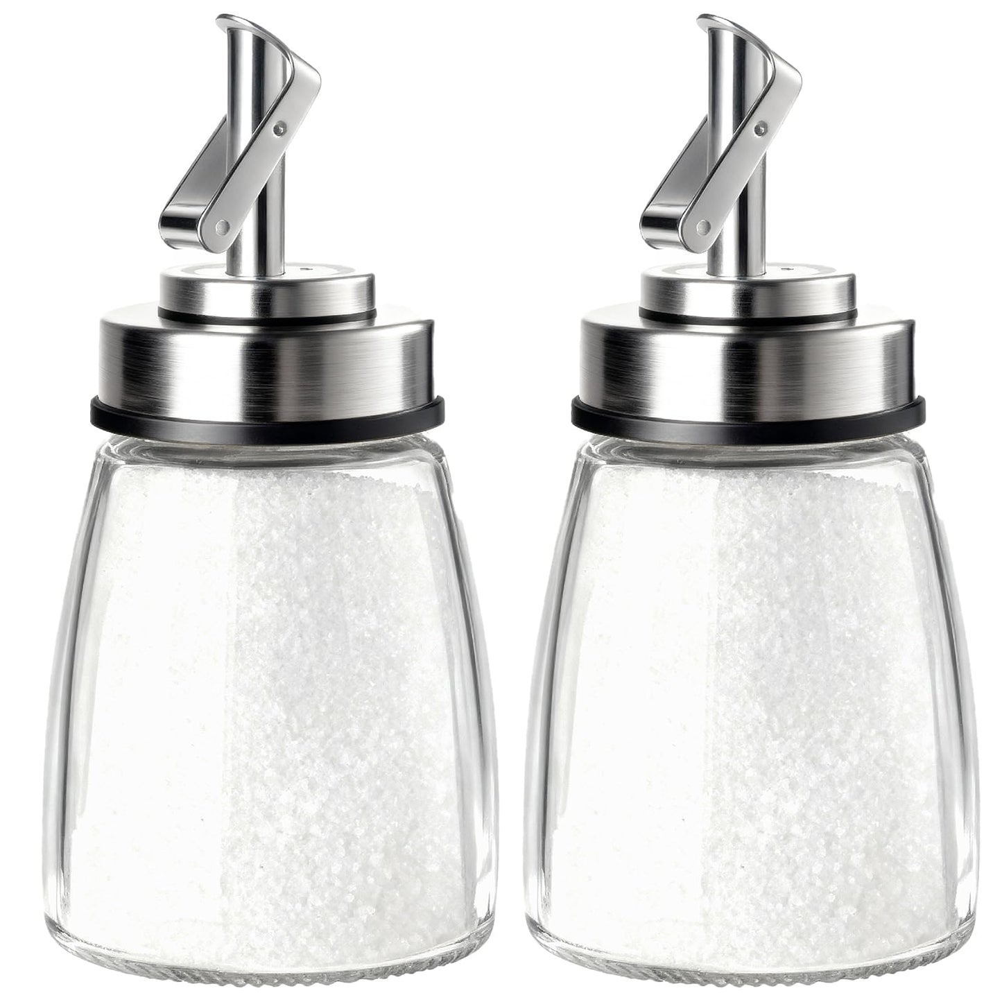 TIWPAJS 2-Pack Glass Sugar Dispenser with Stainless Steel Lid, Automatic Pour Spout, Sugar Container for Coffee Bar, Sugar Jar, Sugar Bowl, Salt Shaker, 6OZ