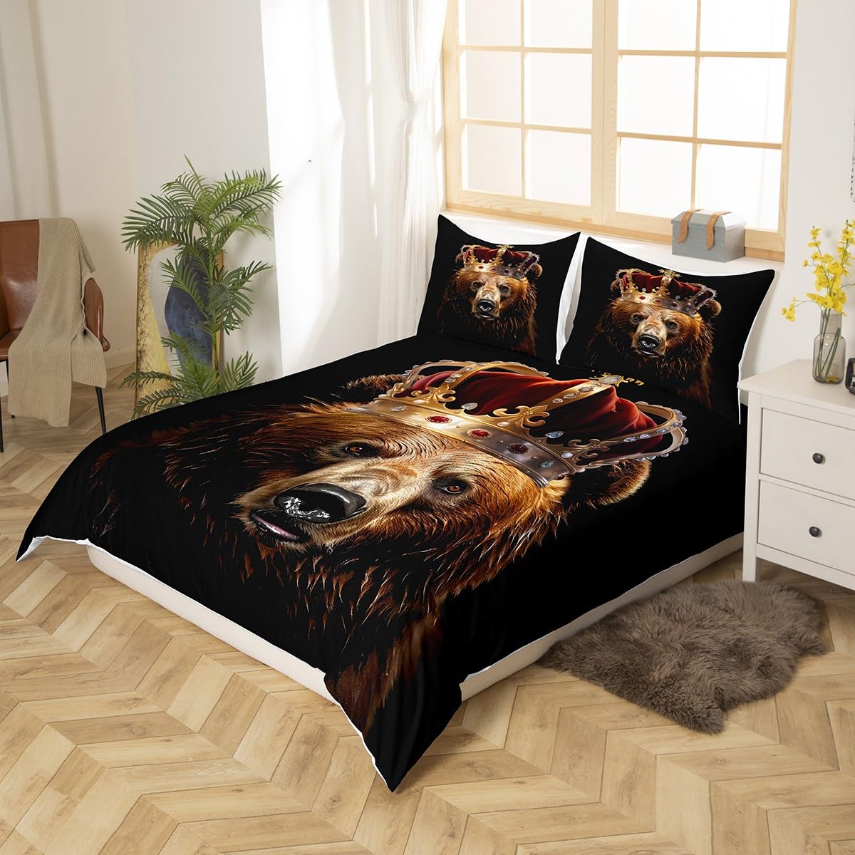 Rustic Bear Duvet Cover Set Full Size,3D Brown Fur Animal Golden Crown Comforter Cover with 2 Pillowcases,African Tropical Wildlife Black Breathable Bedspread for Boys Teens