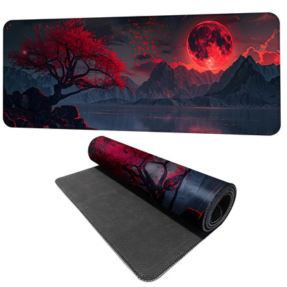 Red Moon Mouse Pad XXL – Large Gaming Desk Mat with Dark Mountain Landscape & Sakura Tree, Extended Mousepad with Non-Slip Base for Office, Gamer Setup,31.5 x 11.8 in
