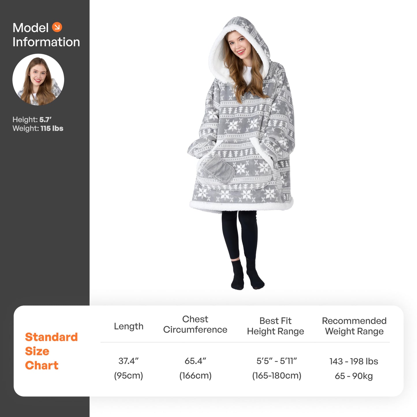 Giggling Getup Wearable Blanket Hoodie for Adults Gifts for Teen Girls Sister Women Sherpa Fleece Printed Hooded Blanket Sweatshirt Warm Cozy with Pocket & Sleeves Grey Snowflake