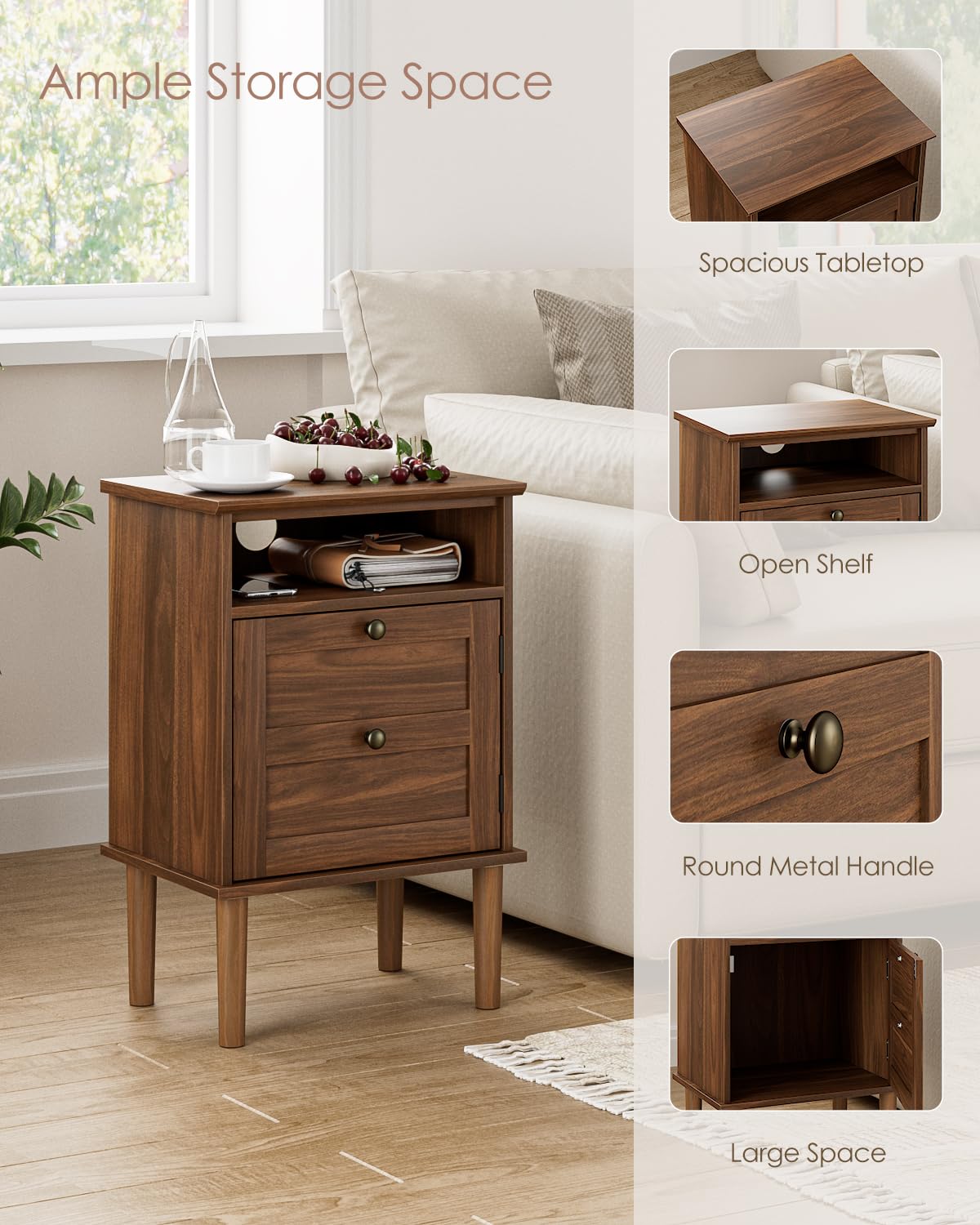 Apetaccat Nightstand, Boho Night Stand with 1 Drawer, Modern Side Accent Table with Open Shelf, Wooden Top Bedside End Table for Bedroom, Living Room, Walnut