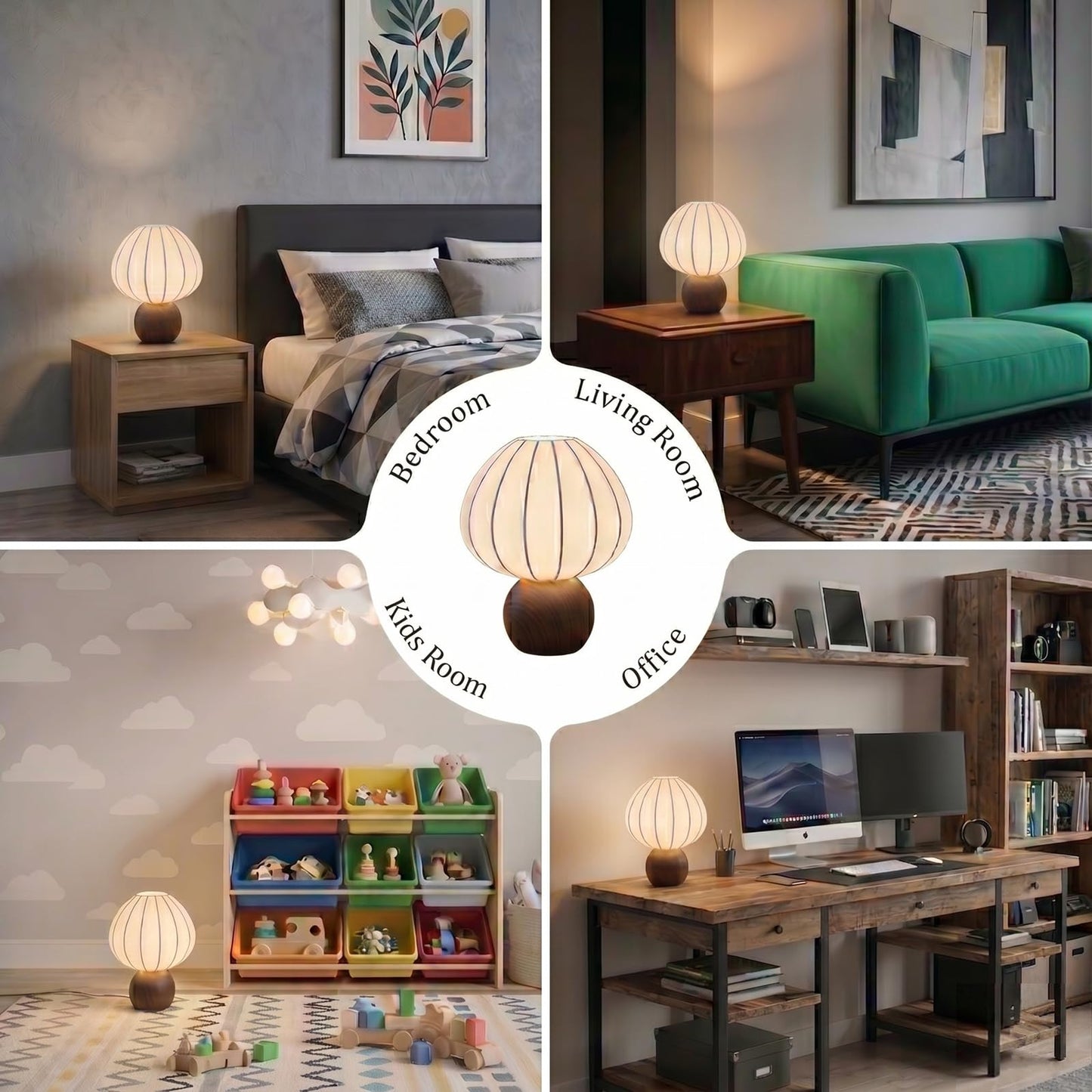 ARGO-HOME Mushroom Table Lamp, Metal Bedside Lamp with Stepless Dimming, Handcrafted Silk Lampshade Nightstand Lamp for Cozy Bedroom Living Room Kids Room