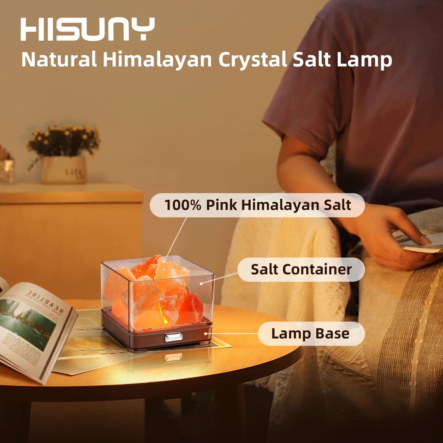 HISUNY Touch Himalayan Salt Lamp with Smart Heating Essential Oil System, 6-Way Dimmable Mini USB LED Pink Natural Salt Rock Night Lamp for Home Decor Zen Gifts Salt Therapy Yoga Spa Meditation