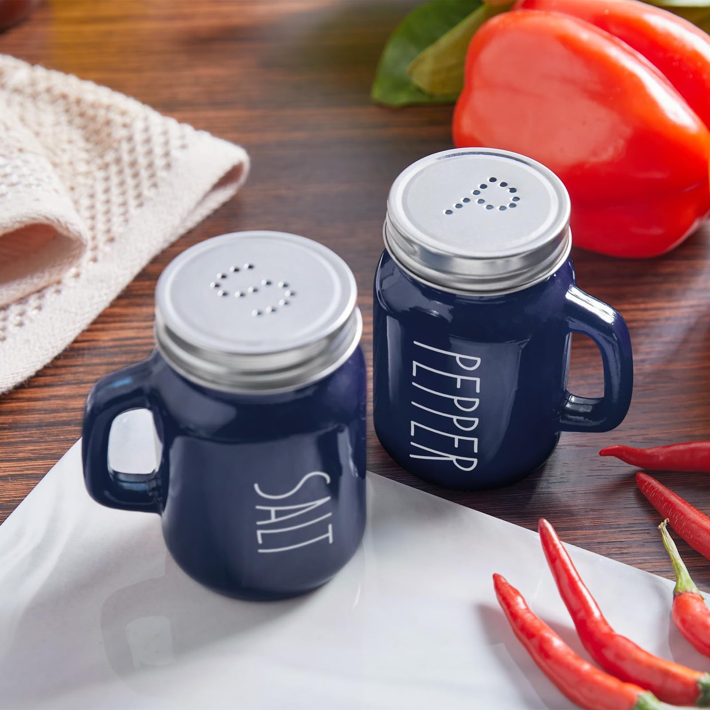 Navy Blue Salt and Pepper Shakers Set, 4 oz Cute Modern Glass Shaker Sets with Stainless Steel Lids, Blue Kitchen Decor and Accessories for Home Restaurants Weddings
