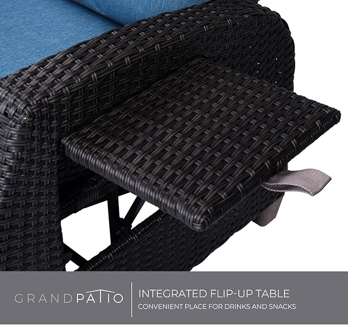 Grand patio Outdoor Recliner Chair Patio 150° Lay Flat Recliner with Flip Table Wicker Reclining Lounge Chair Peacock Blue