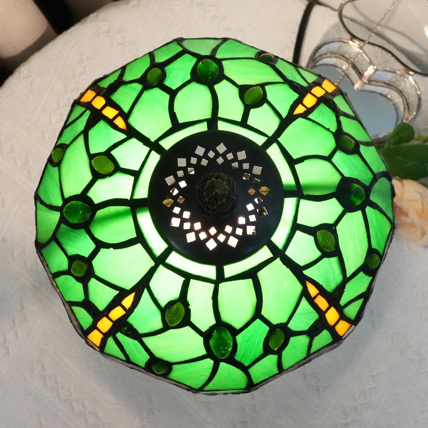 wecrejoni Tiffany Lamp Green Dragonfly Stained Glass Table Lamp 8X8X14 Inches Green Dragonfly Style Desk Reading Light Decor Beside Bedroom Living Room Home (H1057-Green Dragonfly)