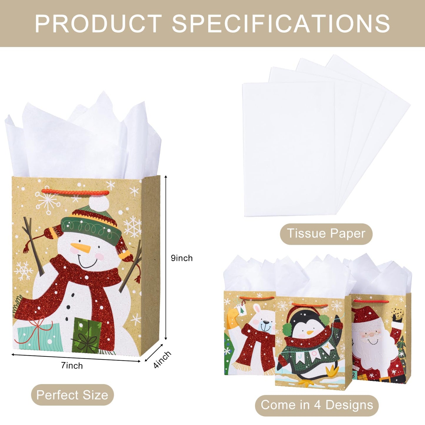 Loveinside Christmas Gift Bags Set, Glitter Foil Santa, Penguin, Snowman & Polar Bear Design, Medium Size Bags with Handle, Tissue Paper for Christmas Gifts & Party Favors, 4 Pack, 7" X 4" X 9"