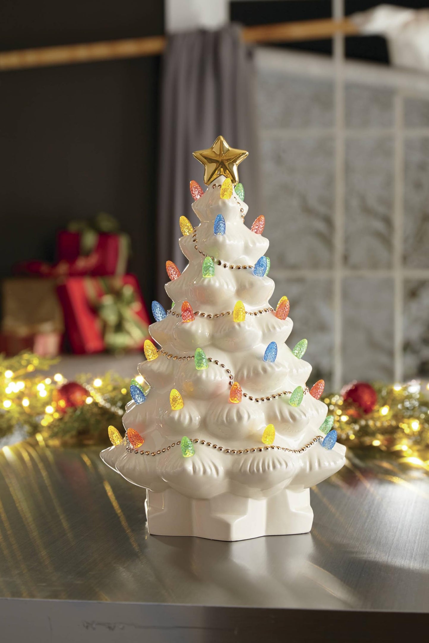 Lenox Figurine, Treasured Traditions Ivory Light-Up Ceramic Christmas Tree Figurine, Christmas Decorations, Holiday Winter Decor Indoor (Ivory, 1 Piece, 8.82-Inch Height) 3 AAA Batteries Not Included