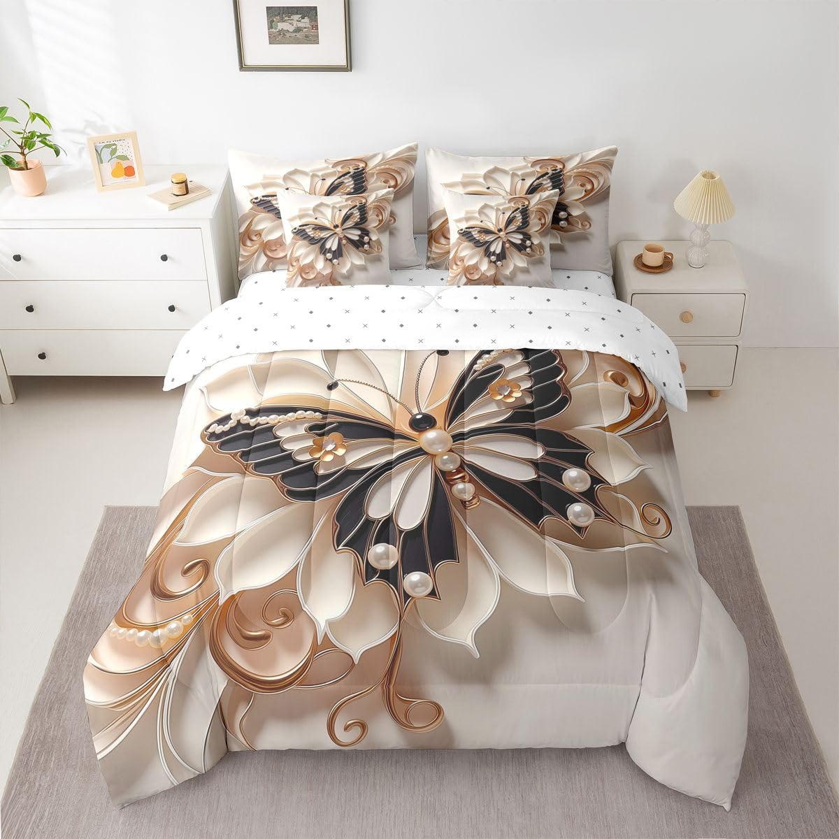 Erosebridal Luxury Butterflies Print 7 Piece Bedding Set Twin Floral Butterfly Print Comforter Set with Sheets Gold Dreamy Bed in a Bag 3D Pearl Flower Bed Sets Comforter