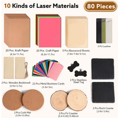 MiniStarCut 80 PCS Laser Materials Exploration Kit, DIY Laser Engraving Supplies Including Metal, Wood, PU Leather, Paper, Rock