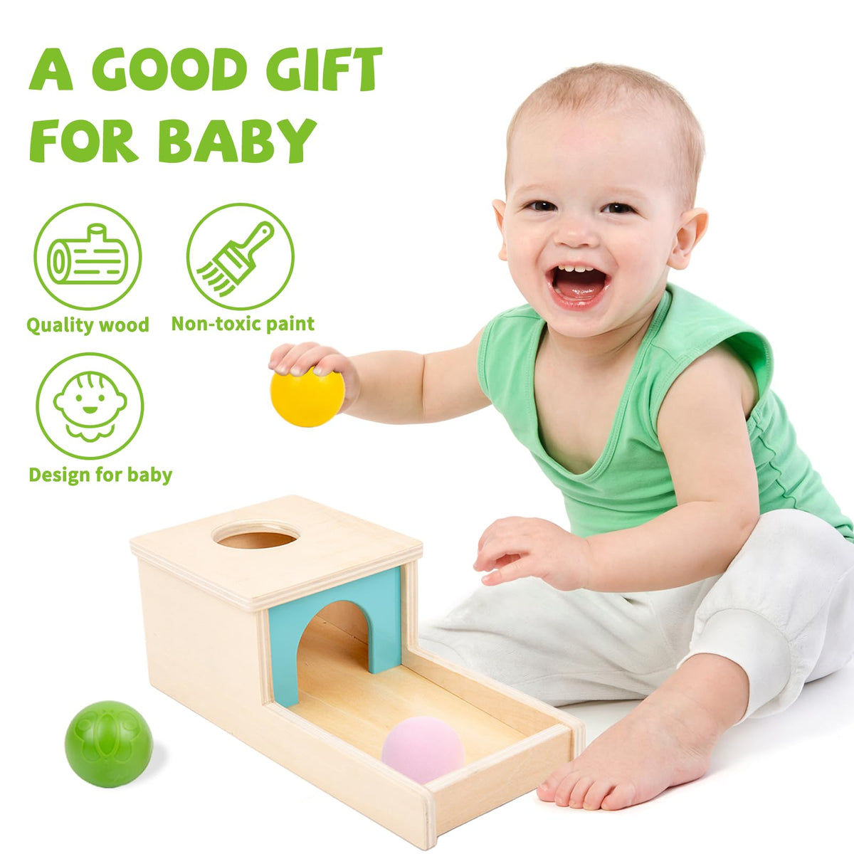 Adena Montessori Wooden Toy for 6-12 Month Baby 3 Balls with Tray, Object Permanence Box Colorful Learning Education Toy for Toddler Kid 1-2 Year Old, Preschool Developmental Girl and Boy Gift