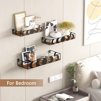 PHAREGE Black and Brown Floating Wall Shelves, Set of 3 Moon Phase Decorative Small Shelves for Bedroom Kid Room, Display Shelf for Crystal Collectibles Figurine