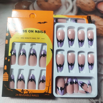 Halloween Bat Press on Nails for DIY Manicure Glossy Purple French Tips 24Pcs Acrylic Medium Almond False Nails Gel Glue on Nails Evil Bats Fake Nails Stick on Nails for Women Girls French Tips Design