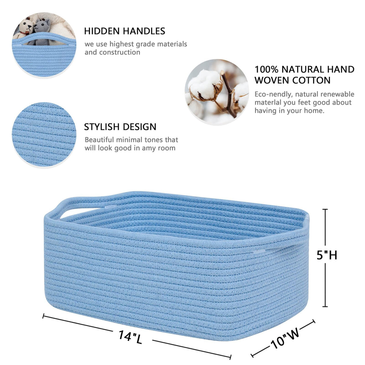 CubesLand Cute and Durable Small Cotton Rope Basket for Organizing, Woven Closet Storage Bin,Shelves Closet Storage Basket, Bathroom Storage Organizer Bin, Nursery Toy Basket Bin, Blue Basket
