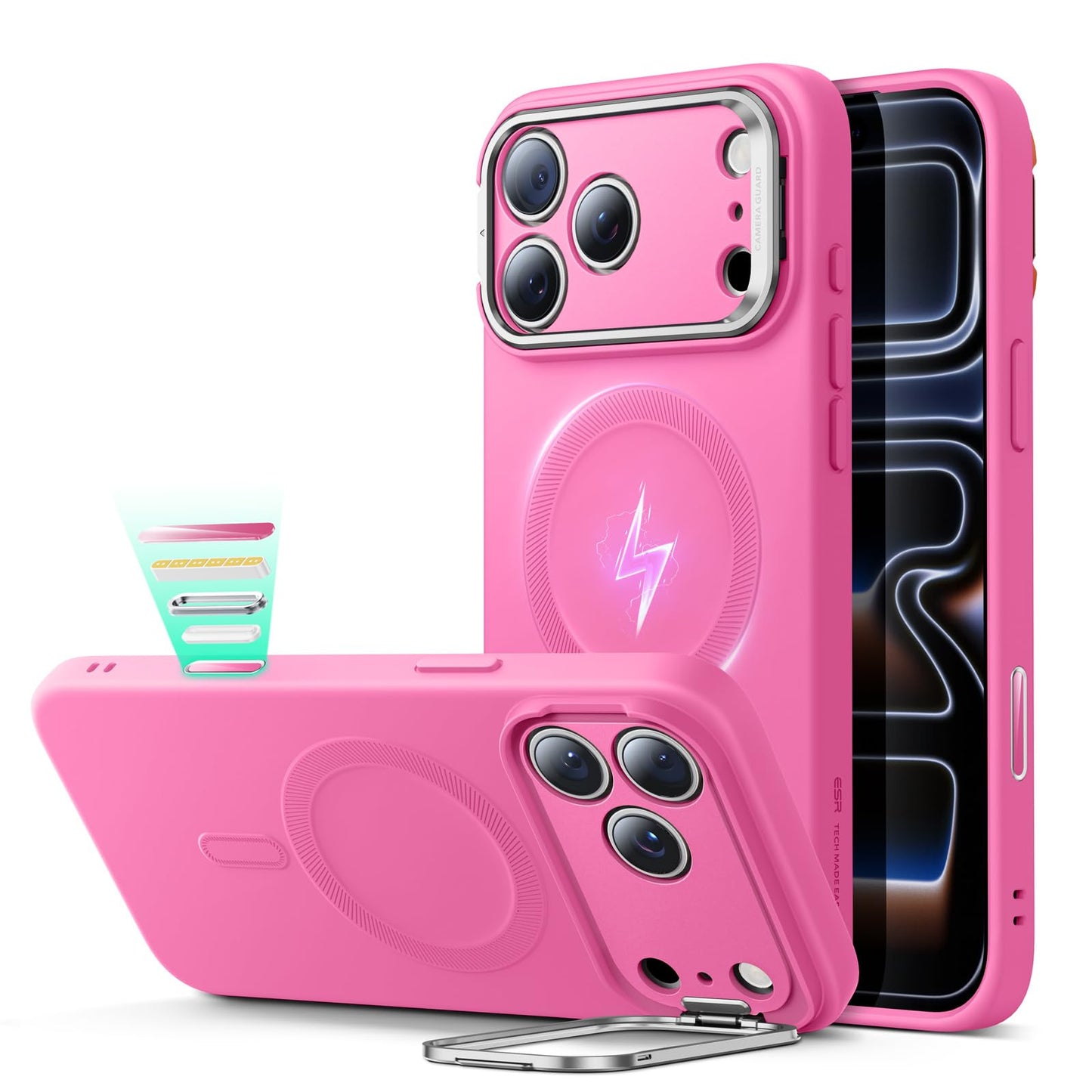 ESR Silicone Case for iPhone 17, Built-in Camera Stash Stand Compatible with MagSafe, Military-Grade Drop Protection Magnetic Phone Case for iPhone 17, Cloud Series, Rosy Pink