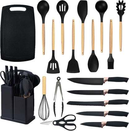 Kitchen Utensils Set & Knife Set with Block, 19 Piece All-in-One Cooking Set, 12 Nonstick Silicone Utensils + 5 Sharp Stainless Steel Chef Knives + Cutting Board, Dishwasher Safe Gift Set (Black)