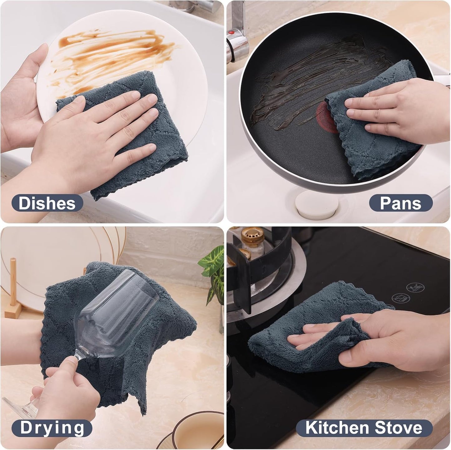 Homaxy 12 Pack Kitchen Dish Cloths (10 x 10 Inches, Grey), Super Soft and Absorbent Coral Velvet Dish Towels, Nonstick Oil Fast Drying Microfiber Cleaning Cloth, No Lint Household Dishcloths