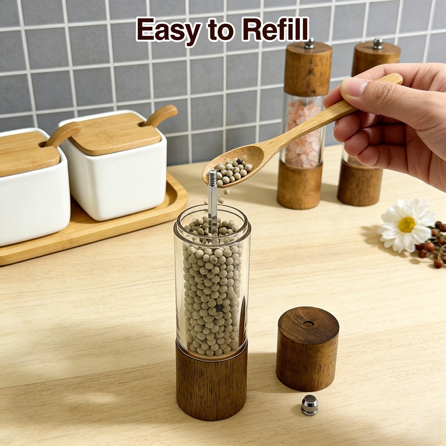 Forusom Acacia Wood & Acrylic Salt and Pepper Grinder Set, 8 Inch Adjustable Ceramic Core Mills, 2Pcs Premium Manual Spice Grinders for Gourmet Kitchens, Pepper Mill Set