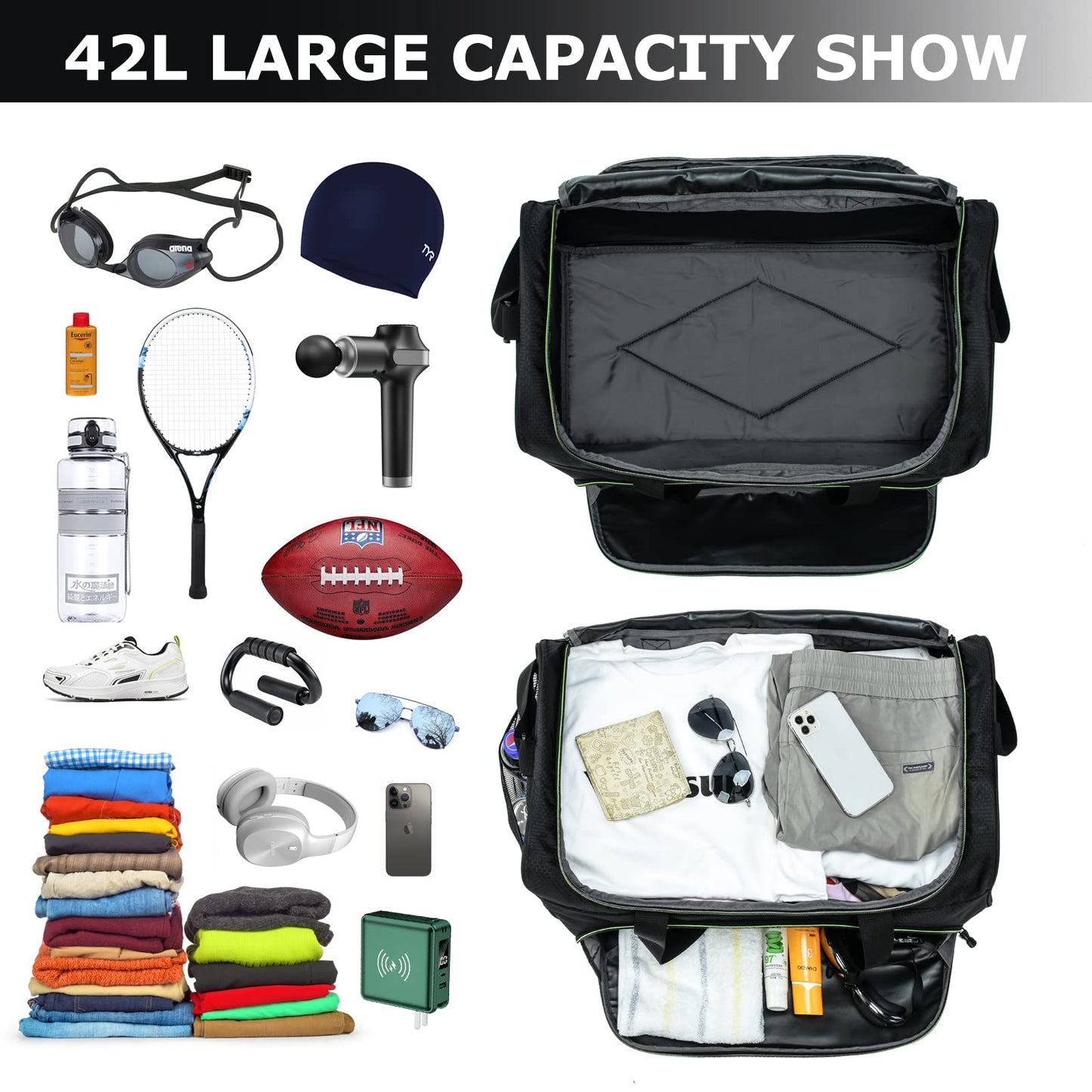 Gym Bag for Men - 55L Black Durable Large Duffle Bag for Travel, Workout, Fitness & Sport
