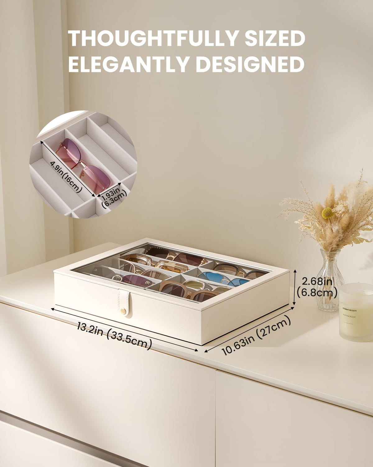 Lolalet 10 Slots Sunglasses Organizer Box, Eyeglasses Eyewear Display Case for Multiple Pairs of Glasses Collection Holder for Men Women, Mothers Day Gifts -1 Layer, Beige