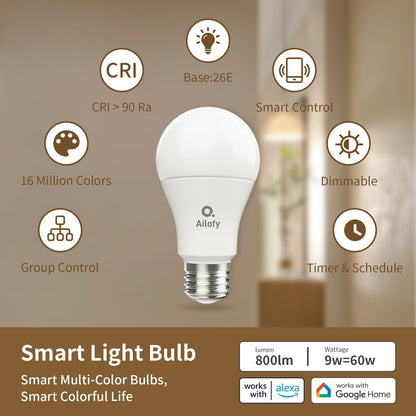 Ailofy LED Smart Light Bulbs, 16M Color Changing Dimmable, Compatible with Alexa & Google Assistant, RGBCW Colored Bulb, WiFi Light Bulbs, A19 E26, 9W 800LM, 1800K-6500K Tunable White, 4 Pack