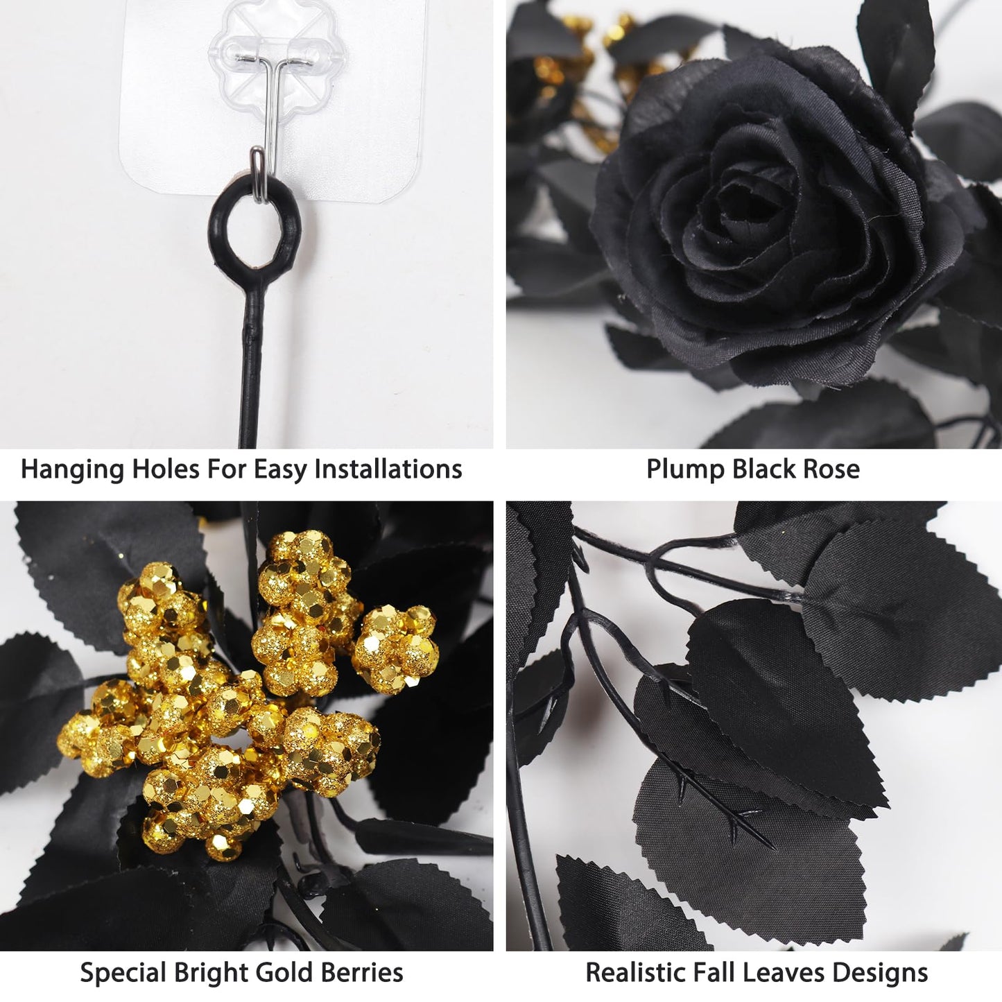 RECUTMS 5.9Ft Black Artificial Roses Flower Garland Fake Halloween Hanging Silk Floral Vines Fall Leaf Wreath for Gothic Halloween Decor Autumn Party Table Centerpiece Home Decor
