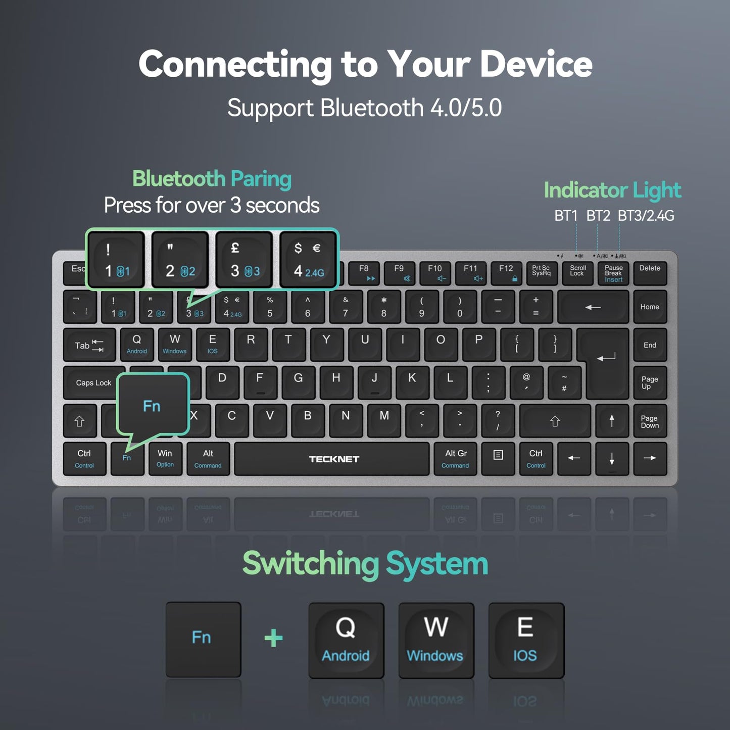 TECKNET 2.4G Wireless Keyboard, Rechargeable Bluetooth Keyboard for 4 Multi Devices, QWERTY UK Layout Compact Mini keypad, Small Silent Keys for Laptop, Phone, Smart TV, Computer, Tablet - Silver