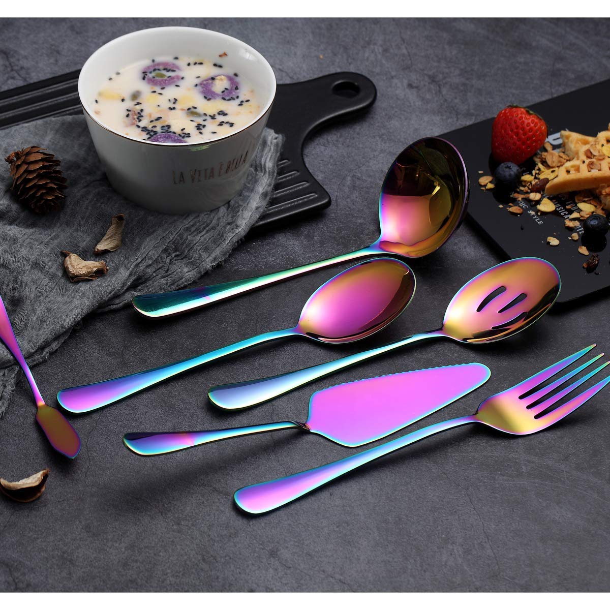 Rainbow Serving Spoons Set 6 Pieces, Serving Utensils Set Include Cake Server Slotted Spoon Serving Spoon Serving Fork Ladle Butter Knife Spreader Serving Set Dishwasher Safe