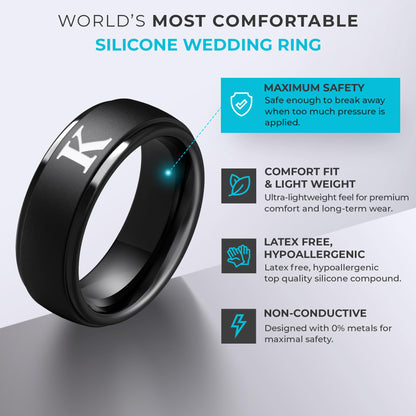 ThunderFit Black Silicone Initial Ring for Him - Personalized One Letter Wedding Rubber Band - Comfortable Fit - Unique Anniversary, Birthday Gifts for Men with Gift Box (K, Size 8.5-9)