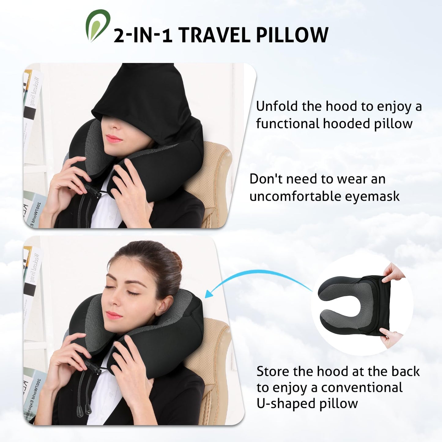 Jiancrate Travel Pillow for Neck Memory Foam, Hooded Travel Neck Pillow for Adults, Comfortable Neck Pillow for Travel with Hoodie, Flight Pillow, Airplane Pillow, Travel Cushion for Plane Car Train
