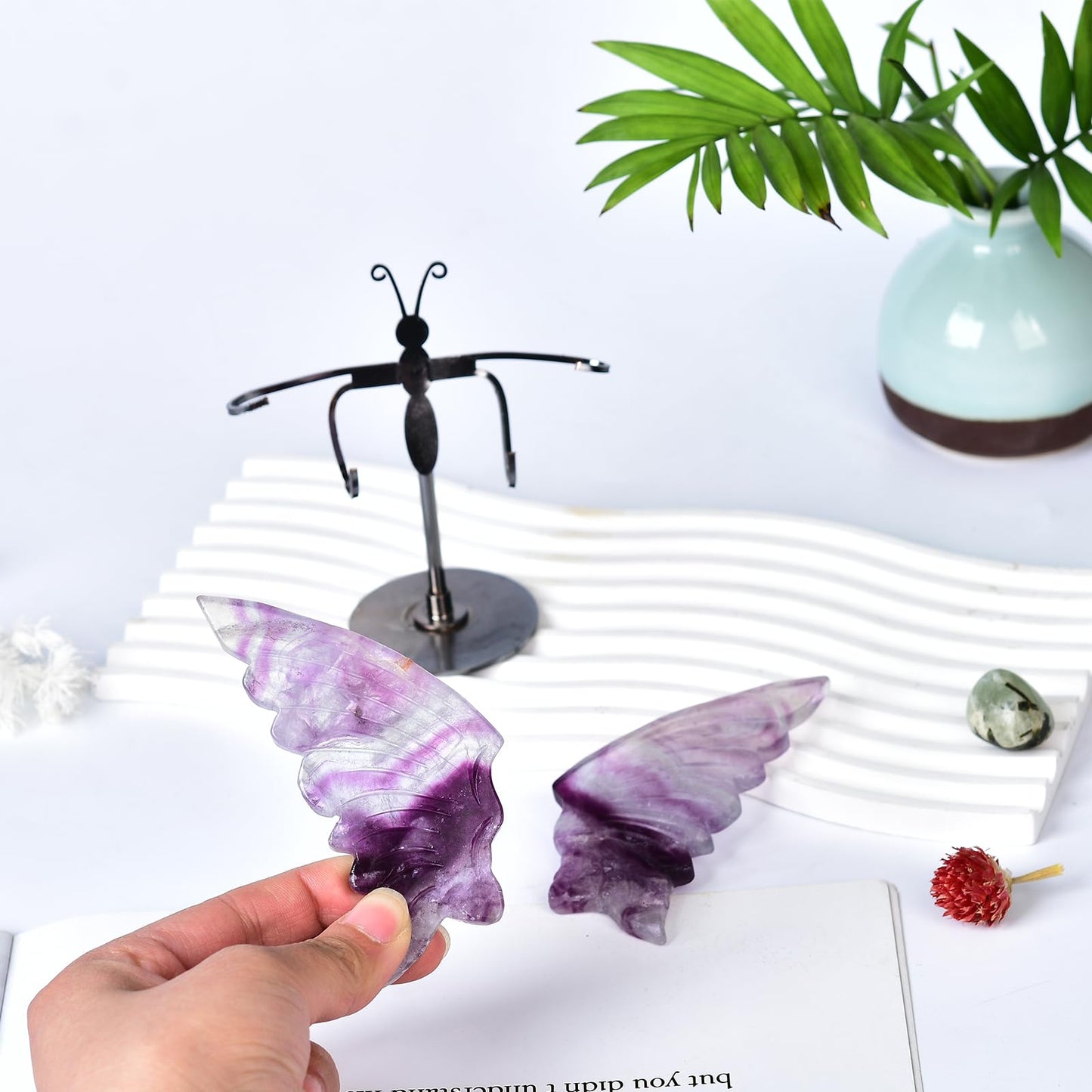 JIC Gem Purple Fluorite Crystals and Stones Crystal Butterfly Art Angel Wings Sculpture Carving,Healing Crystal Ornaments Energy Decorative Stone Reiki Gifts (1pair, 10cm)