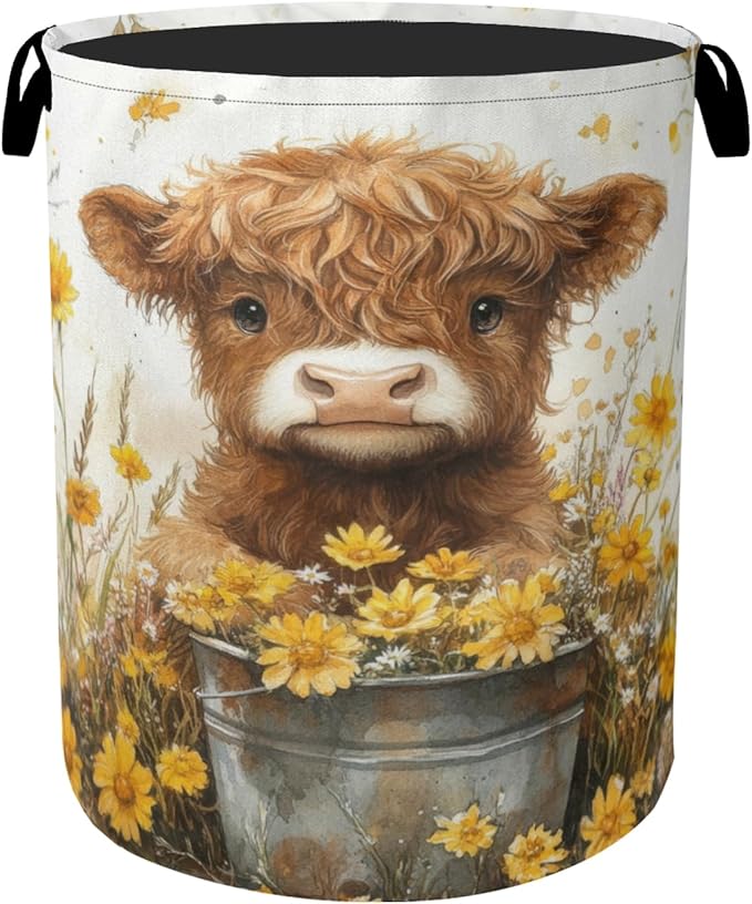 Cute Highland Cow Flower Foldable Canvas Laundry Basket