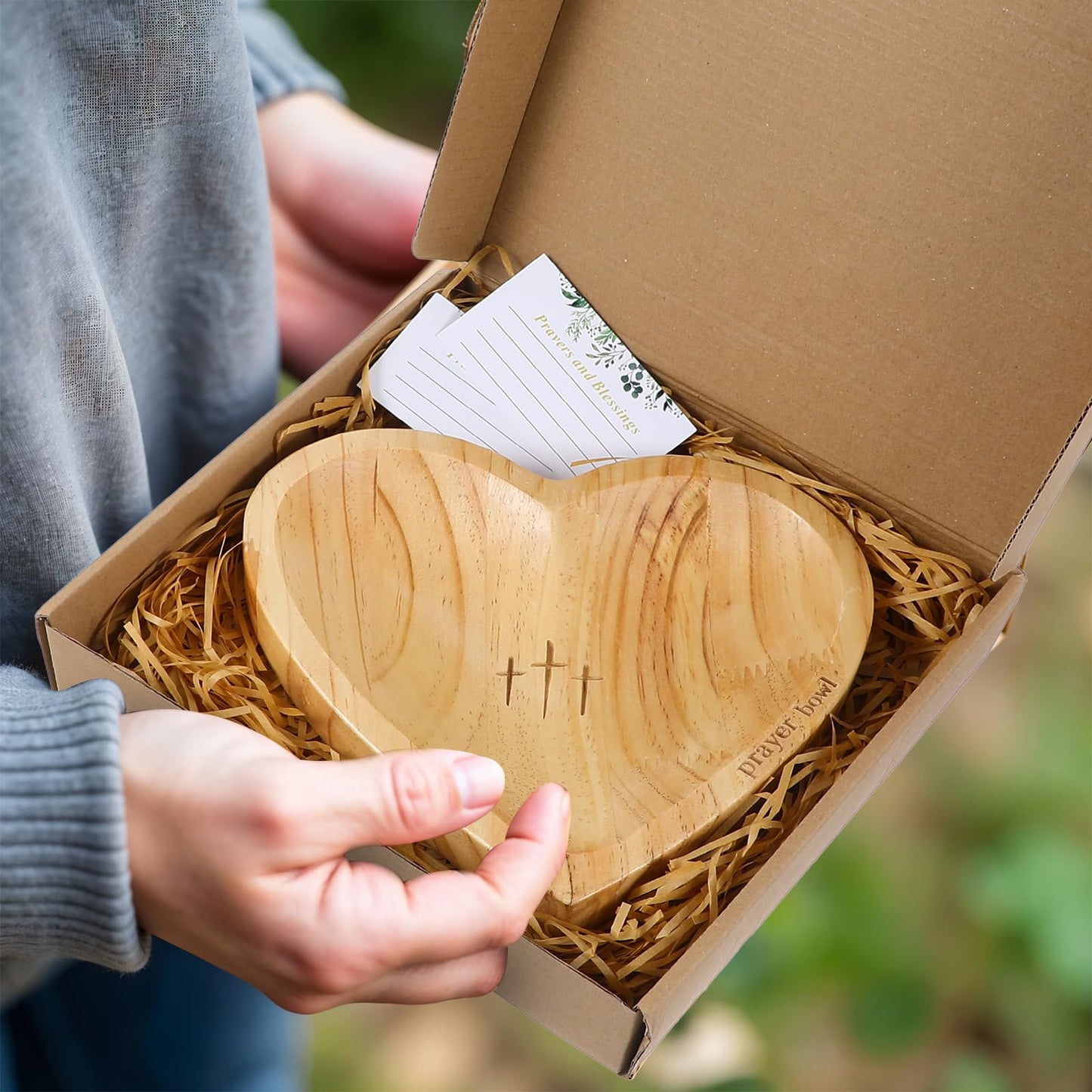 Dimeho Heart Prayer Bowl Wooden Handcrafted Prayer Dough Bowl with Cards Christian Gifts Love Shaped Decor Bowl for Women Religious Christmas Easter Thanksgiving Day