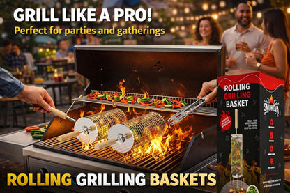 Smokova Rolling Grill Basket for Veggies (2 PCS) | 304 Stainless Steel Grill Baskets for Outdoor Grill with Removable Wooden Handle | BBQ Baskets for Grilling | Vegetable Grill Basket