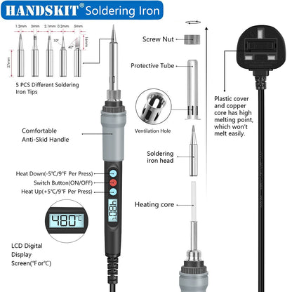 Soldering Iron Kit, 90W Adjustable Temperature Soldering-Iron Gun Kit Welding Tool with 5 Soldering Tips, Desoldering Pump, Tin Wire Tube, Stand, Tweezers
