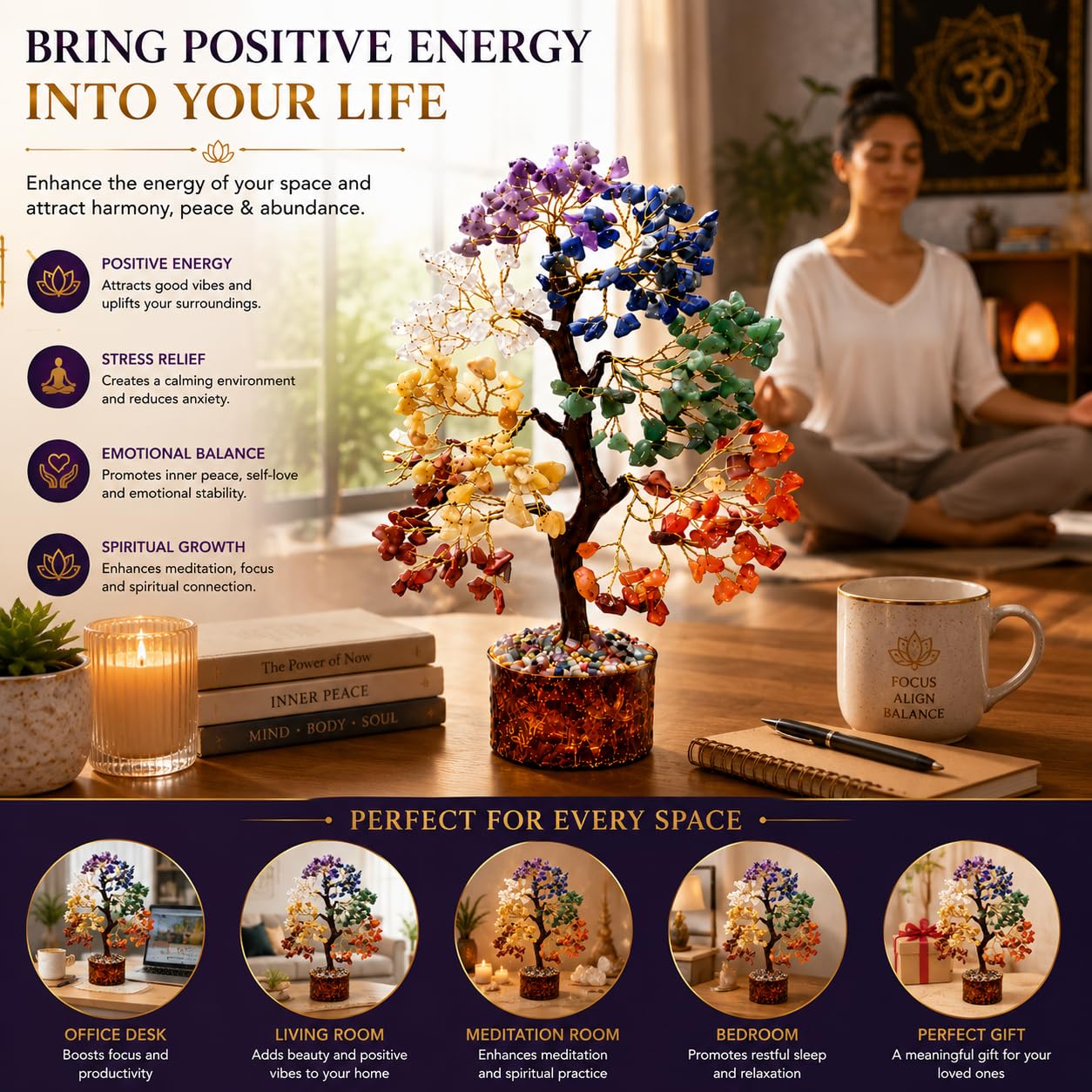 Marubhumi 7 Chakra Healing Crystal Tree Kit – Handmade Gemstone Bonsai Tree for Home Decor, Positive Energy, Feng Shui Good Luck, Money Prosperity Spiritual Gift Set for Women Mom Birthday Meditation