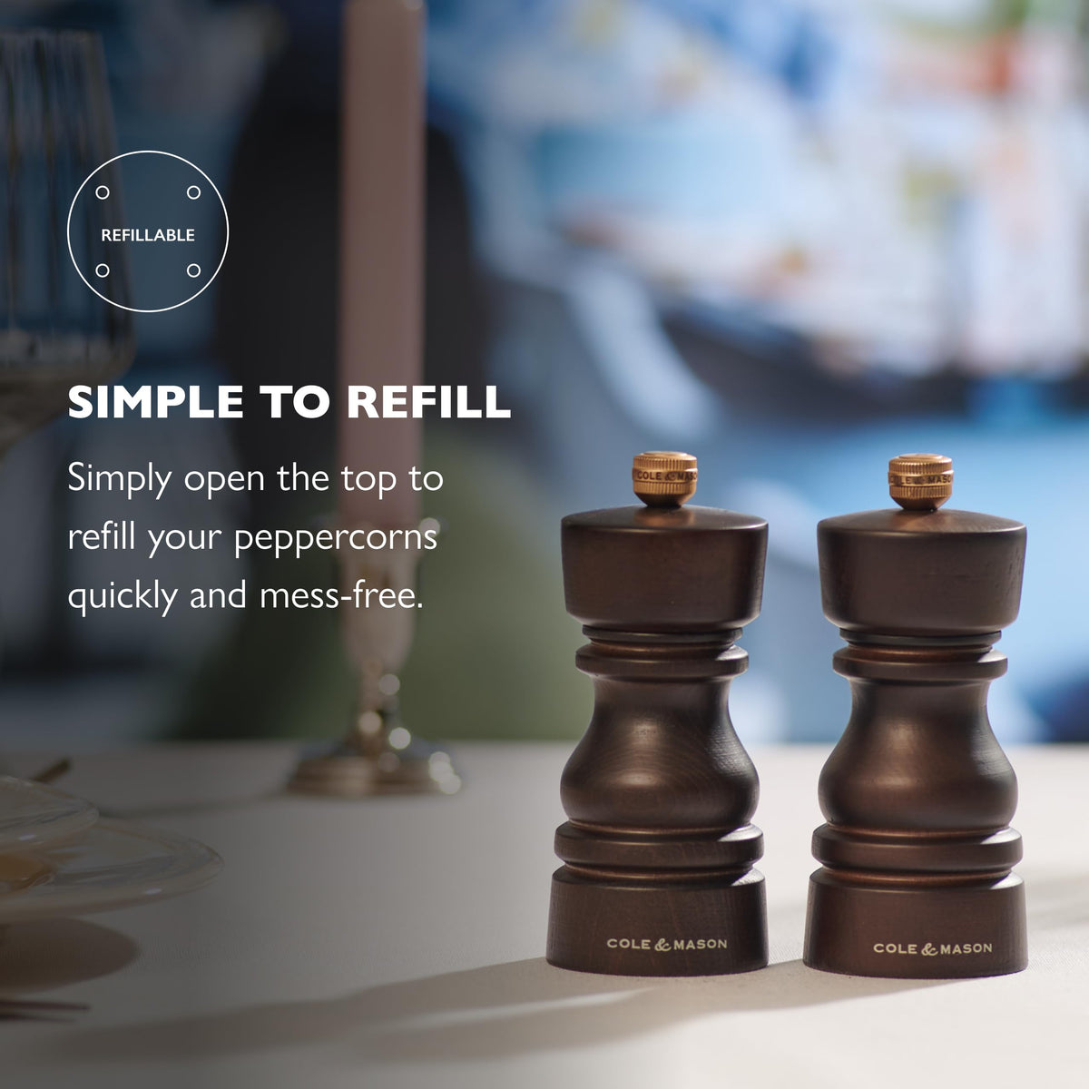 Cole & Mason London Refillable Spice Mill - Kitchen & Home Accessory - Table Black Pepper Grinder - Pepper Mill with Carbon Steel Mechanism - 5", Chocolate Wood