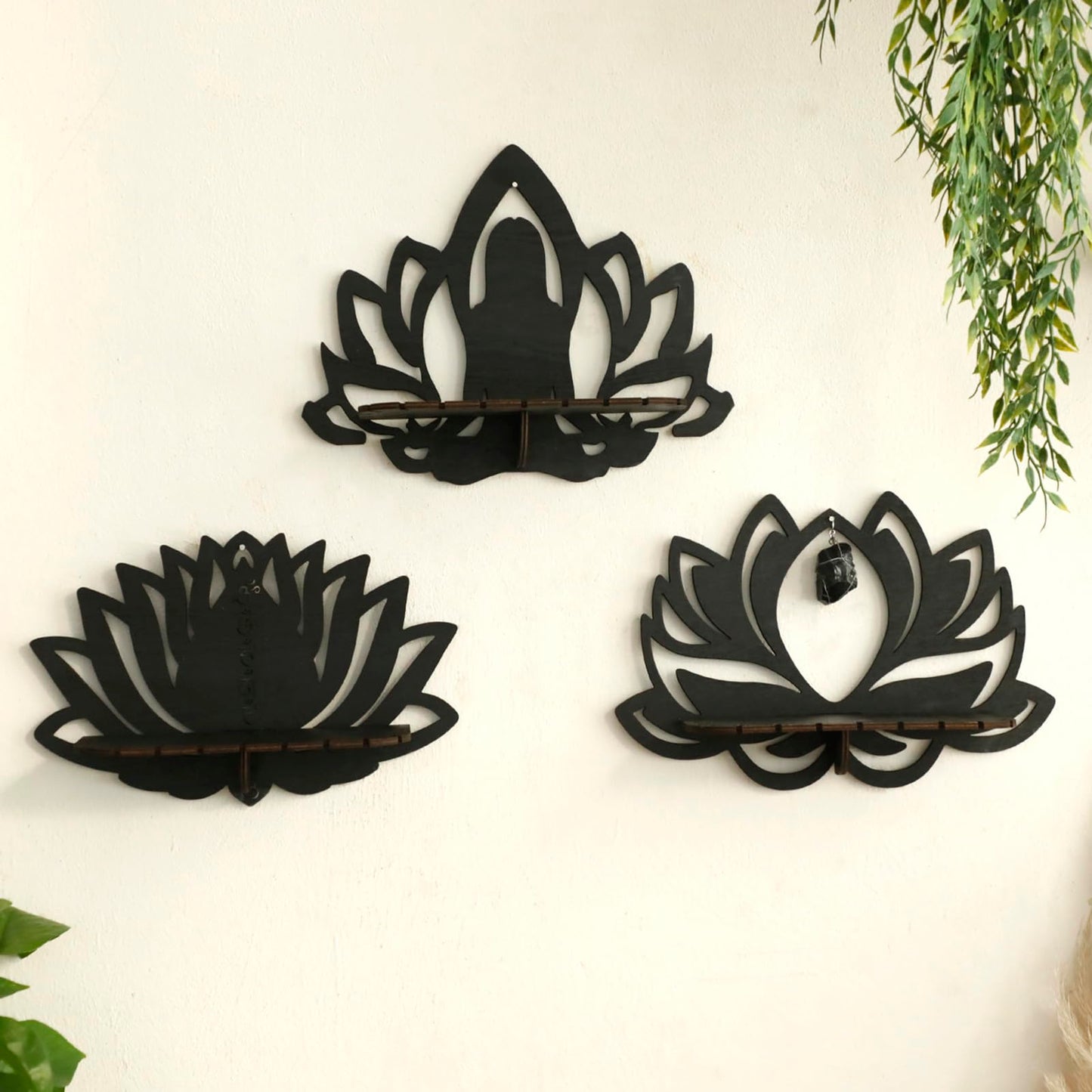 Artilady Lotus Flower Crystal Shelf -3 Pack Floating Shelves for Wall Bedroom Decor Black Cute Display Shelf Yoga Decor for Crystals and Stones Aesthetic Boho Room Decorations Witchy Gift for Wome