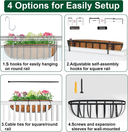 DUNCHATY 24 Inch Railing Planter Box 3 Pack - Metal Window Flower Box with Coco Coir Liner & Adjustable Hooks for Deck Balcony Porch Fence - Outdoor Horse Trough Planter for Herbs & Flowers